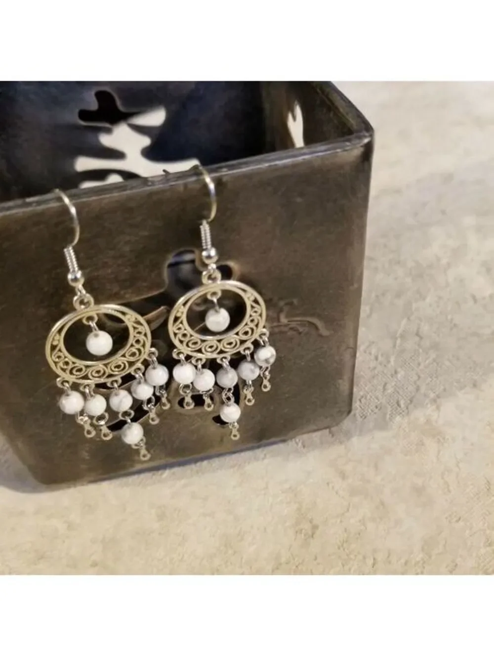 Hand Crafted Natural White Howlite Gemstone Antique Silver Chandelier Earrings